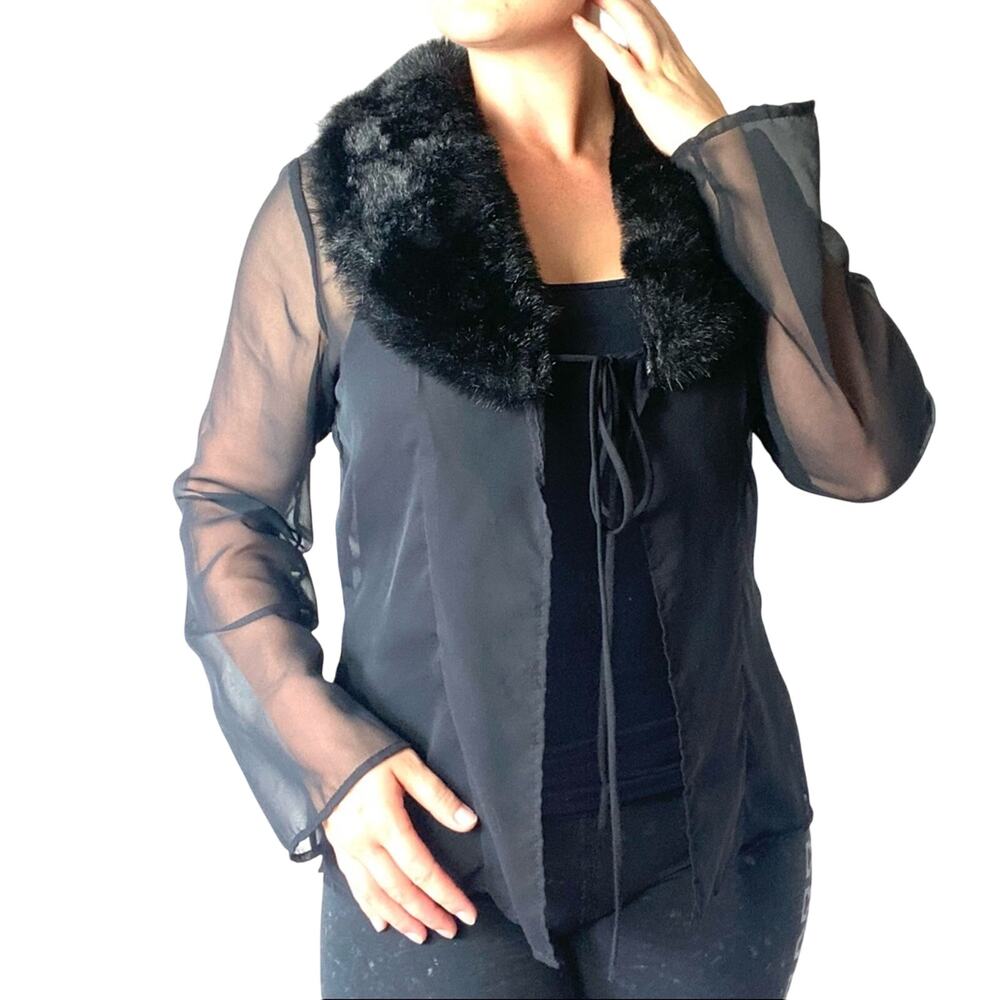 Y2K Faux Fur Collar Sheer Chiffon Tie Front Blouse Size Large